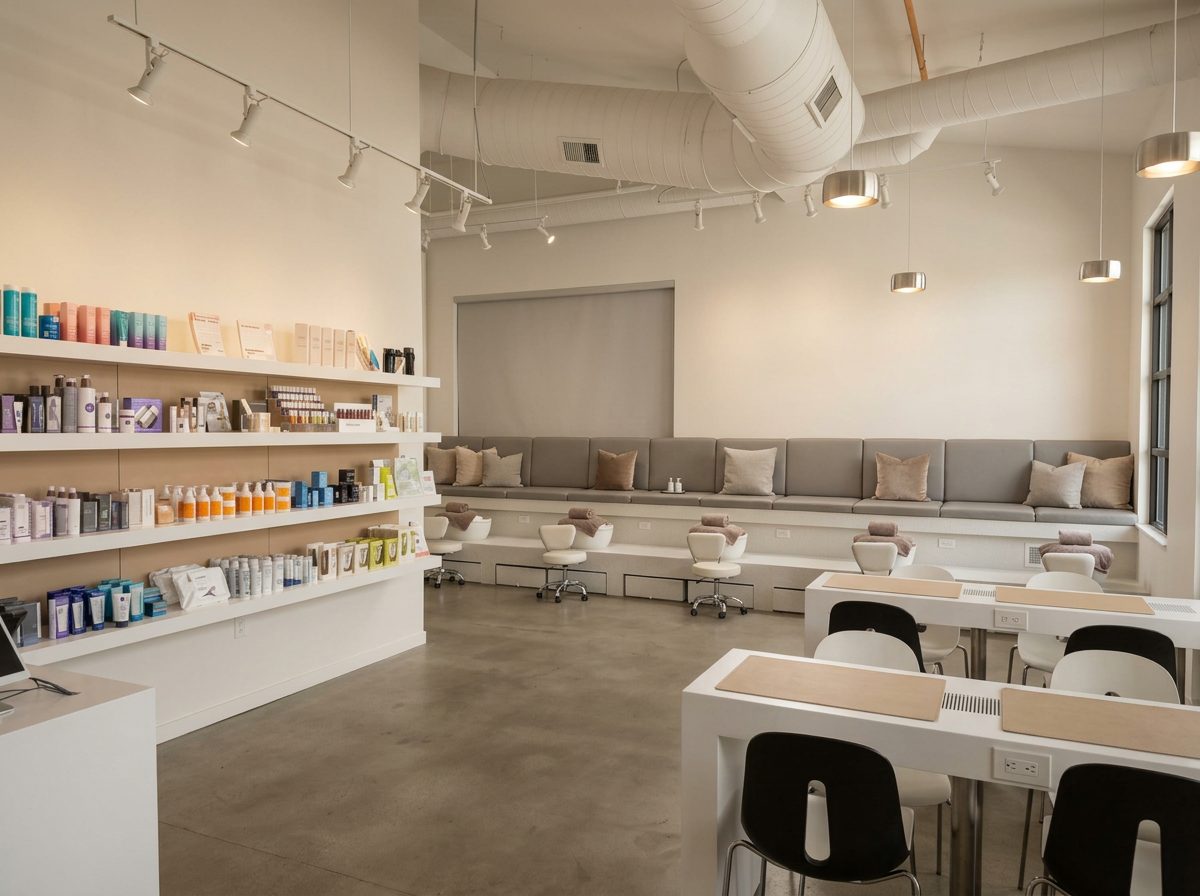 The BARE studio floor with nail bar and pedicure seating